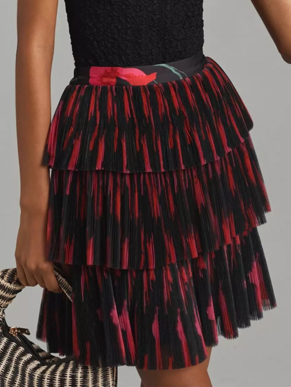 Anthropologie Hutch Tiered Mini Skirt in Black Red Size S